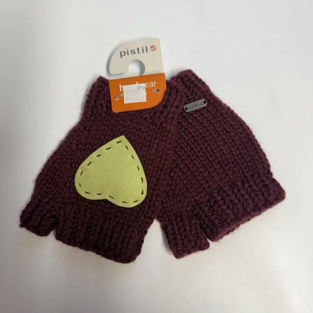 Pistil Wool Blend Stitched Heart Fingerless Gloves Handwear Gants Plum New
